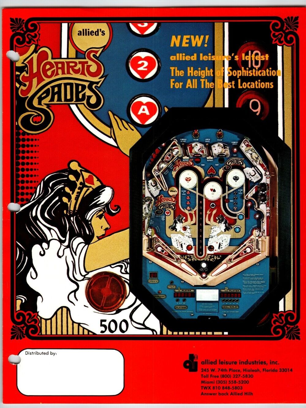 Hearts Spades Pinball Flyer Original Retro Cocktail Table Allied Leisure 1978